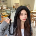 Thick black knitted balaclava hood with long braided ties for winter warmth - M (56-58cm) / Black