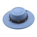Flat top light blue felt boater hat with bohemian beaded band and turquoise stone - Sky Blue