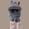 Winter plush hood scarf and gloves set in dark grey with soft pink paw pockets - Fire Fox 3-piece Set - Grey Blue