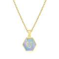 18K gold stainless steel hexagon necklace featuring shell inlay and initial letter U - Blue Shell U