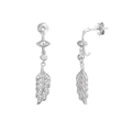 Macro shot of silver S925 feather drop earrings with sparkling cubic zirconia pavé - Leaf Drop Earrings / Silver