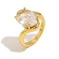 Luxurious 18K gold plated stainless steel ring with a large oval zircon in a crossover design - US 6 / Gold