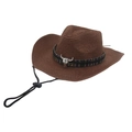Brown woven cowboy straw hat with colorful striped band and silver bull head accent - Coffee