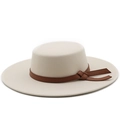 Elegant cream flat top wool felt boater hat with brown leather band and 10cm brim - M (56-58cm) / Beige
