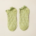 Light green cotton low-cut socks with lettuce trim and 3D heart-shaped knit textures - One Size / Green