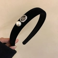 Elegant black velvet headband with large pearl and oval crystal stone decoration - Style A (Velvet + Pearl Crystal)