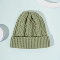 Detailed knit texture of a sage green diamond cable stitch beanie with ribbed edge - M (56-58cm) / Bean Green