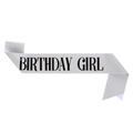 Close-up of silver glitter birthday girl party sash with black bold lettering - One Size / Silver with Black Text - GIRL