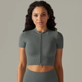 Dark grey seamless ribbed yoga top with high collar and half-zipper front closure - S / Tops / Dark Gray
