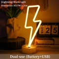 Neon lightning bolt lamp in warm yellow with white base, battery or USB powered - Lightning Bolt Warm Light