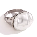 Silver-finish molten metal ring featuring a large irregular white pearl center stone - Pearl White