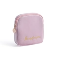 Pink velvet cosmetic bag with gold zipper and Beatyforyou embroidery detail - Square Small / Girl Pink