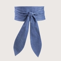 Blue denim wide waist belt for women with elegant bow tie and white contrast stitching - Regular Size / Blue