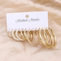 Lot de 9 paires de boucles d'oreilles créoles dorées avec perles et textures torsadées - 9 Paires Créoles Perles Dorées (Z41)