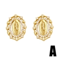Vintage gold Virgin Mary stud earrings with oval white zircon border and micro-inlay - Style A Oval Virgin Mary White Zircon