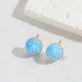 Minimalist round stud earrings with light blue marble stone and gold metal base - Lake Blue