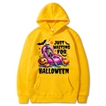 Yellow Halloween hoodie with skeleton pumpkin print and Just Waiting for Halloween text - Yellow