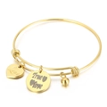 Gold adjustable stainless steel bangle with Love heart and True Love round charms - Gold Color (KB153315-Z)