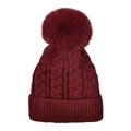 Close-up of cable knit pattern and large faux fur pompom on burgundy winter beanie - Burgundy