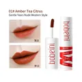 Matte lip clay in 01 Red Tea Citrus with thin and thick application swatches - 01# Citrus Tangerine