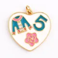 Heart enamel charm with number 5 and flower pattern in white finish for jewelry - Heart Jacket Flower Style (M030539-F) / Blue/Pink