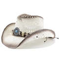 Cappello da cowboy in paglia intrecciata con fascia etnica di perline e emblema turchese - M (56-58cm) / Bianco