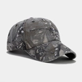 Detailed view of camouflage baseball cap with reinforced stitching and curved brim - Taupe Camouflage (Color #8)