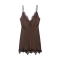 Sottoveste in raso marrone scuro da donna con scollo a V e rifiniture in pizzo chic - XS / caffè