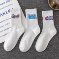 Three-pack white cotton mid-calf sports socks with colorful graffiti letter embroidery - Combo 6-8