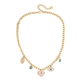 Gold Cuban chain necklace with pink Hamsa hand, evil eye heart and turquoise charms - Necklace (1#项链)