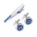 Silver business tie clip and cufflinks set with square and round blue crystals - Set / Silver/Blue Zirconia
