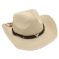 Detail of cowboy straw hat with brown leather band and silver bull head ornament - One Size / Beige