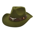 Detail of army green wool cowboy hat featuring brown leather band and metal bull head charm - M (56-58cm) / Army Green