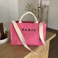 Rose pink woven tote bag with Paris embroidery and canvas straps for beach holidays - Large Rose Red