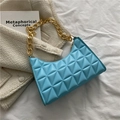 Light blue quilted baguette shoulder bag with chunky gold chain strap and zip closure - Sky Blue