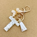 Letter T keychain with gold foil, white stones, butterfly charm and white tassel accessory - Letter T