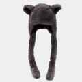 Plush faux fur fox ear hat in dark grey with long earflaps for outdoor winter warmth - One Size / Gray