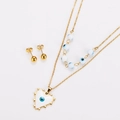 Detail of gold double-layer necklace with white evil eye beads and matching stud earrings - Gold White
