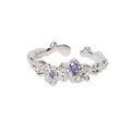 Silver lava texture open ring featuring two round purple zircon stones for women - Adjustable Open / Lava Texture Double Purple Stone Style (J2428)