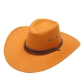 Classic orange western cowboy hat with brown braided cord and wide brim on white background - Suede Pressed Orange