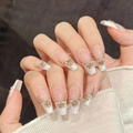 Pink lace press-on nails with golden butterfly rhinestone on long coffin shape - Large (L) / Medium Coffin (3257)