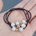 Three-piece black high elasticity hair ties set with white pearls and gold metal beads - Three-Piece Set / Coffee