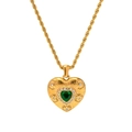 18k gold plated heart pendant necklace with green emerald zircon on a twist chain - 【h6184】green Diamond Heart Necklace (gold)