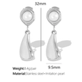 Silver stainless steel water drop earrings with pearls in minimalist French retro style - Silver Pearl Waterdrop Earrings / Silver