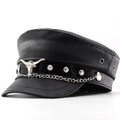 Retro PU leather sailor hat with silver bull head emblem, chain and rivet details - Adjustable / Glossy Leather Bull Head Style / Black