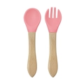 Pink food-grade silicone baby spoon and fork set with ergonomic natural wood handles - Wooden Handle Spoon and Fork Set / Pink