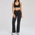 Zwarte yoga set voor dames met V-hals sportbeha en uitlopende legging met kruistaille - S / Zwart