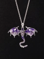 Detail of silver dragon pendant with purple enamel wings and sparkling rhinestones - Necklace / Violet (N-1126)
