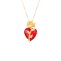 Detail of a red heart crystal pendant with gold rose flower on a golden chain necklace - KC Gold Rose Red Heart (7344)