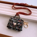 Miniature black and white tweed bag pendant with golden metal clasp and woven lanyard - 13# Necklace-Black-Bag (Tweed Bag)